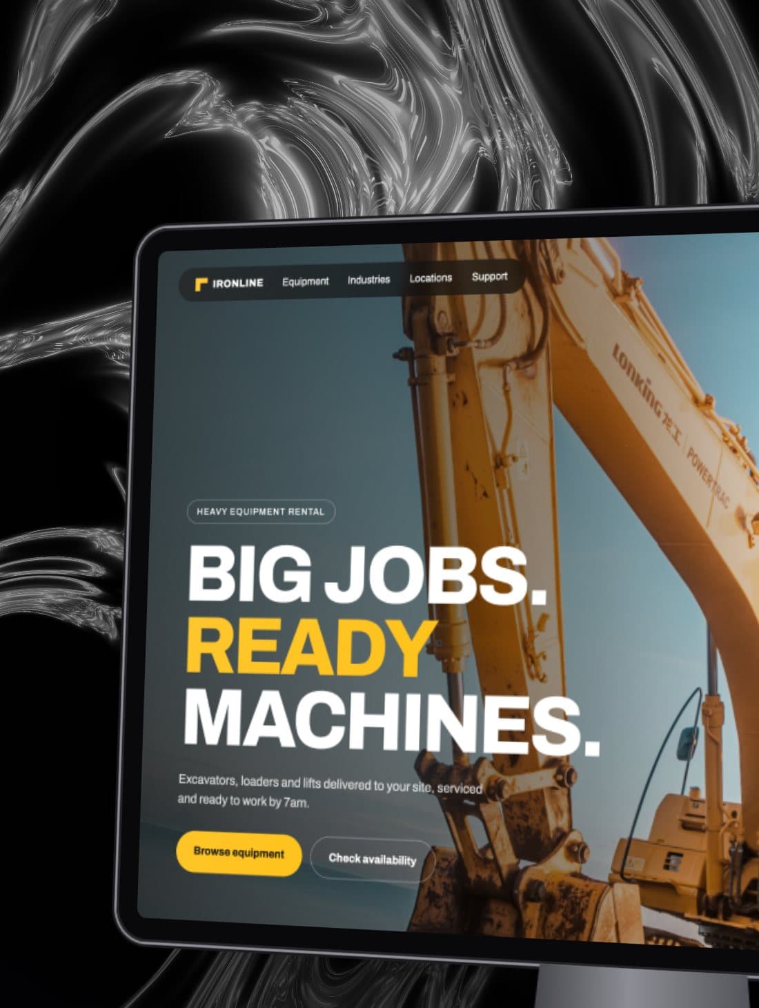 Concept equipment-rental website shown on a desktop monitor