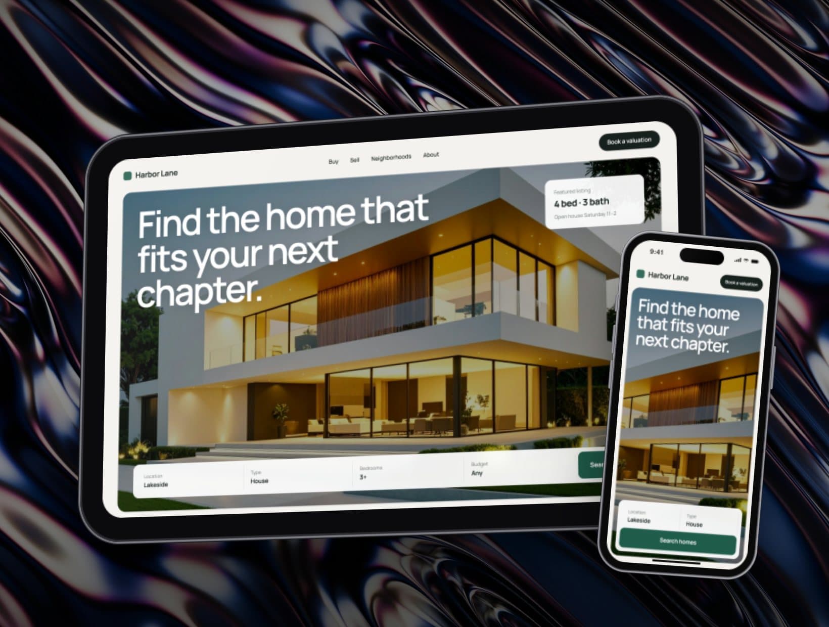 Harbor Lane concept real-estate website on a tablet and phone